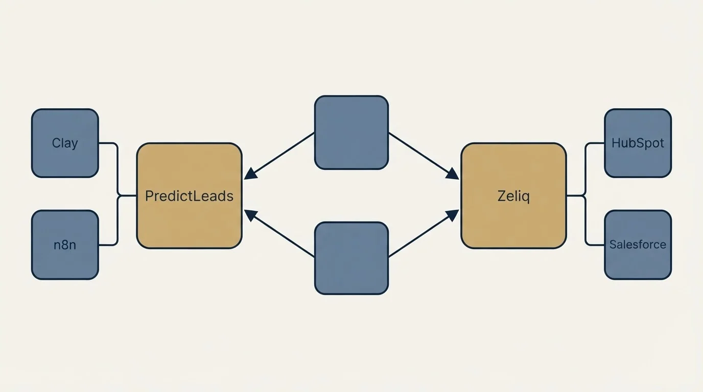 Integration schematic: Integration Ecosystem (PredictLeads, Zeliq, Clay, HubSpot)