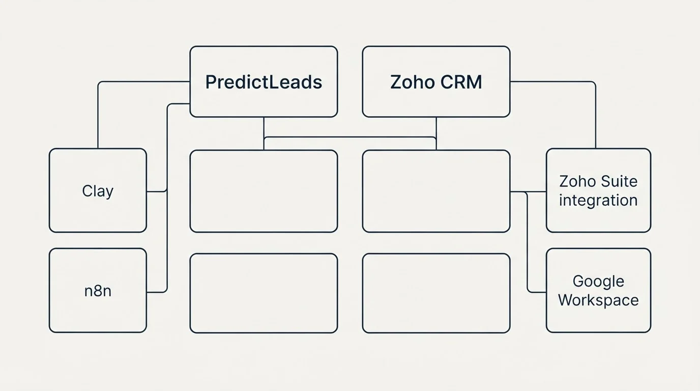 Integration grid: Integration Ecosystem (PredictLeads, Zoho CRM, Clay, Zoho Suite integration)