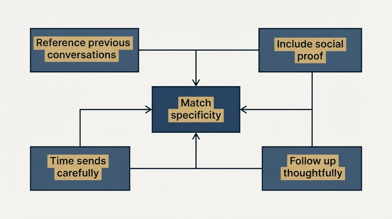 Schematic: Tips for Customizing These Templates (Match specificity, Reference previous conversations, Include social proof, Time sends carefully)