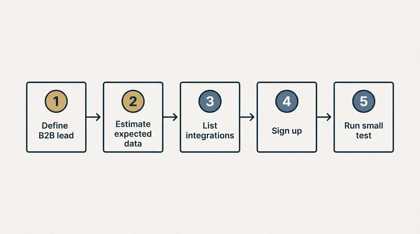 Step sequence: Getting Started Checklist (Define B2B lead, Estimate expected data, List integrations, Sign up)