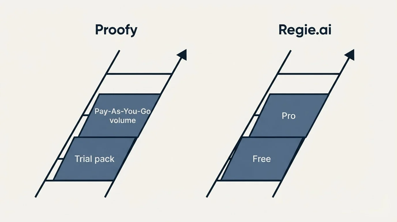 Pricing ladder: Pricing Comparison (Proofy, Regie.ai, Trial pack, Free)