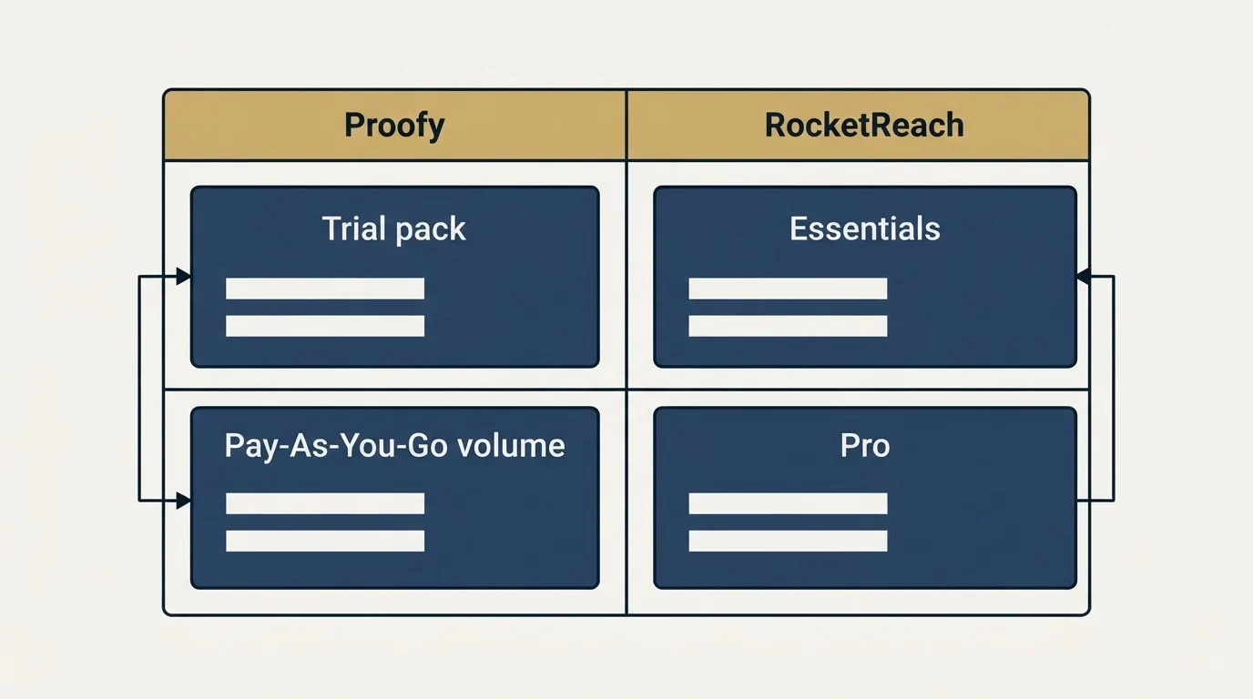 Pricing table: Pricing Comparison (Proofy, RocketReach, Trial pack, Essentials)
