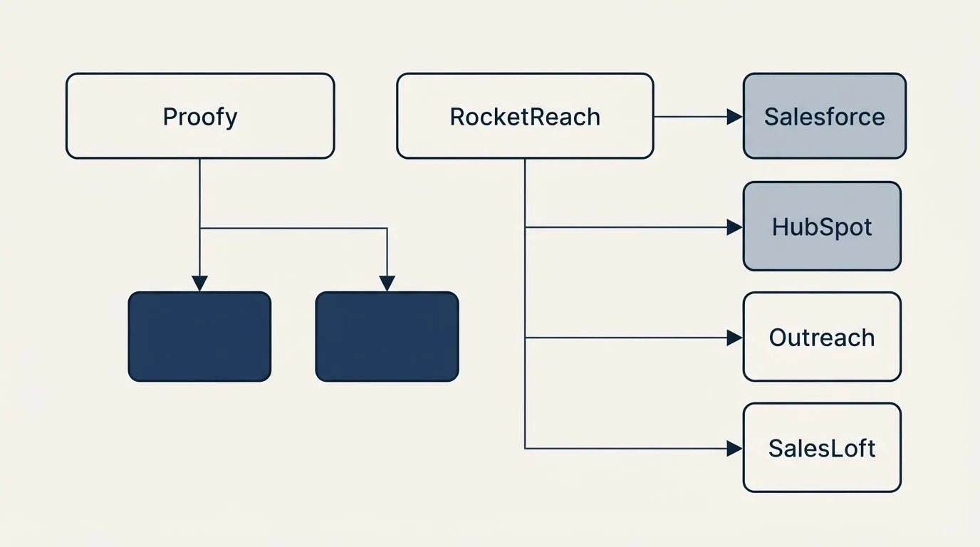 Integration grid: Integration Ecosystem (Proofy, RocketReach, Salesforce, HubSpot)