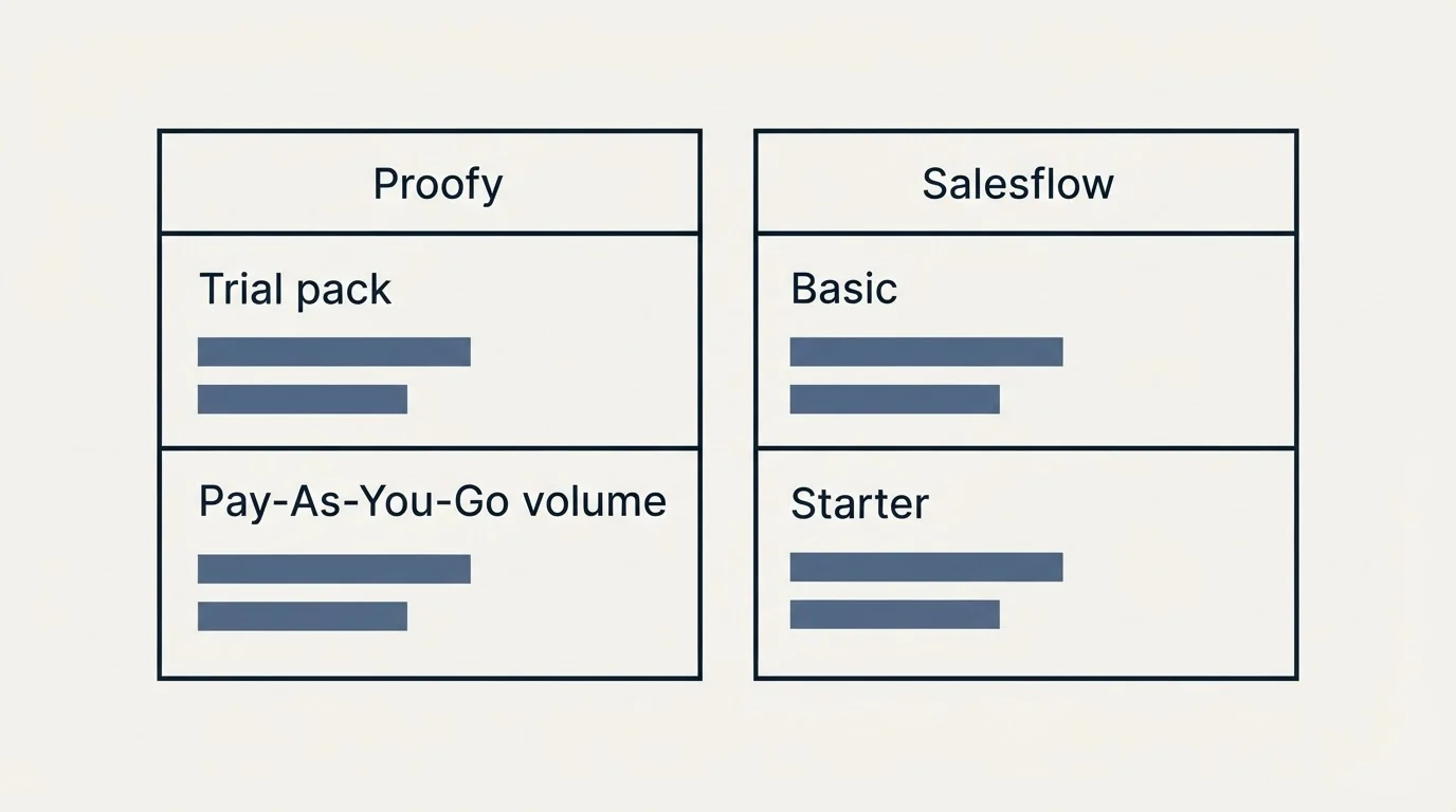 Pricing table: Pricing Comparison (Proofy, Salesflow, Trial pack, Basic)