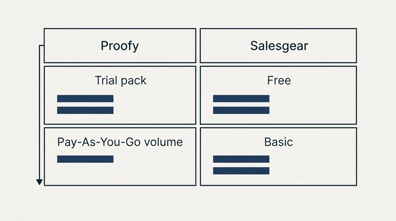 Pricing table: Pricing Comparison (Proofy, Salesgear, Trial pack, Free)