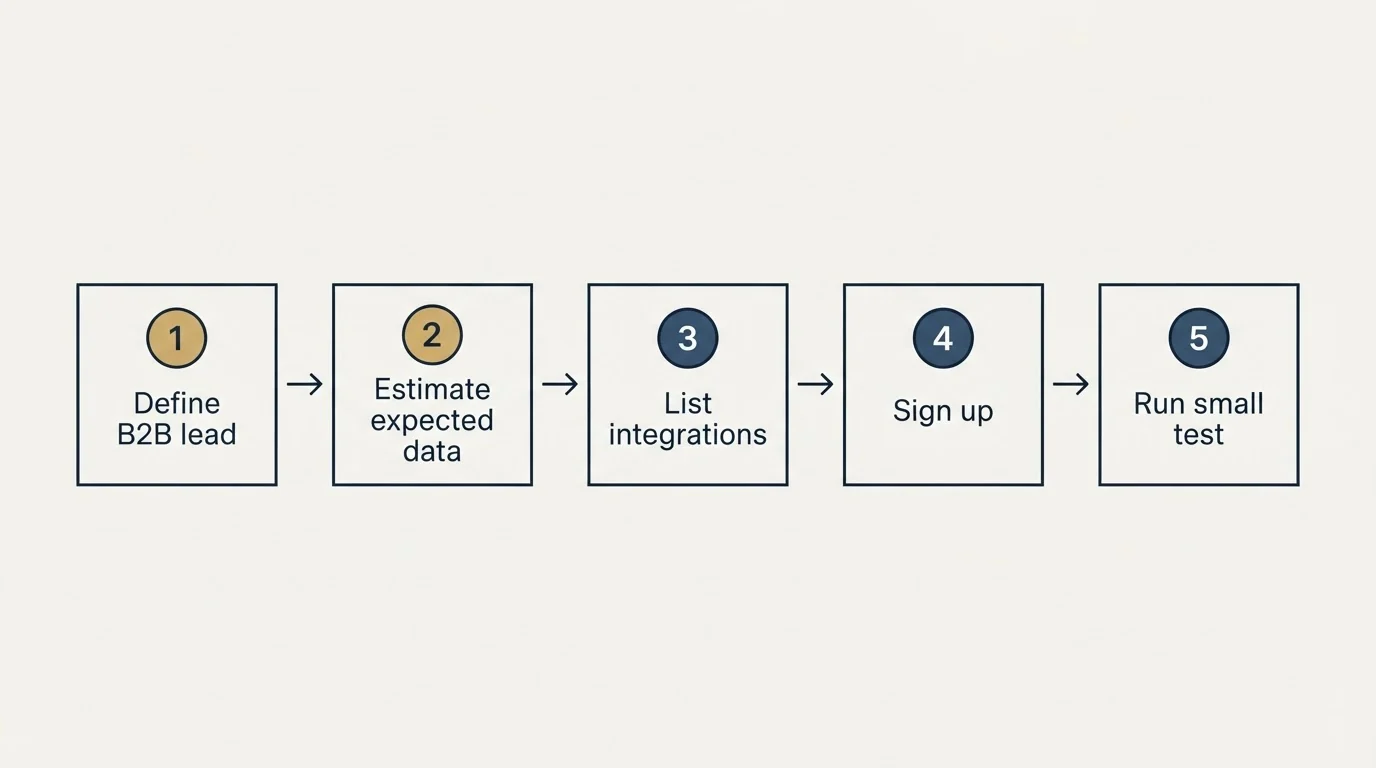Step sequence: Getting Started Checklist (Define B2B lead, Estimate expected data, List integrations, Sign up)