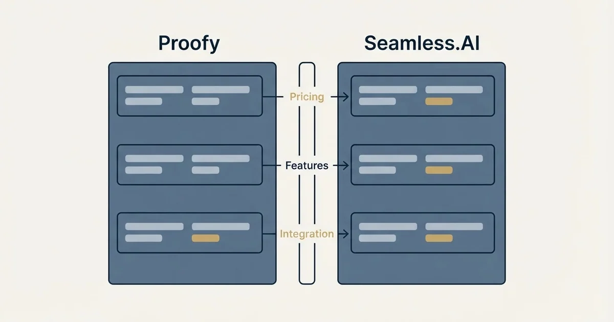 Comparison panel: Proofy vs Seamless.AI (Pricing, Features, Integration)