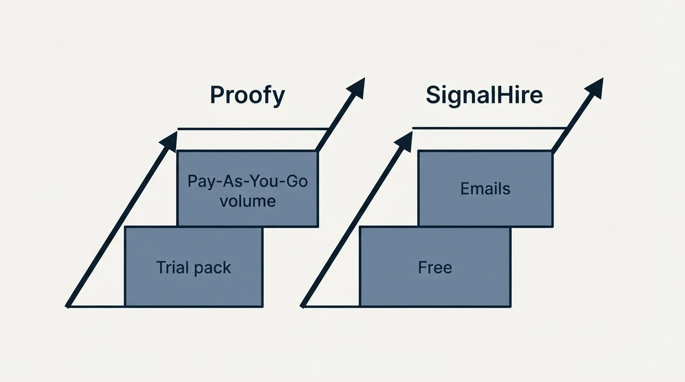 Pricing ladder: Pricing Comparison (Proofy, SignalHire, Trial pack, Free)