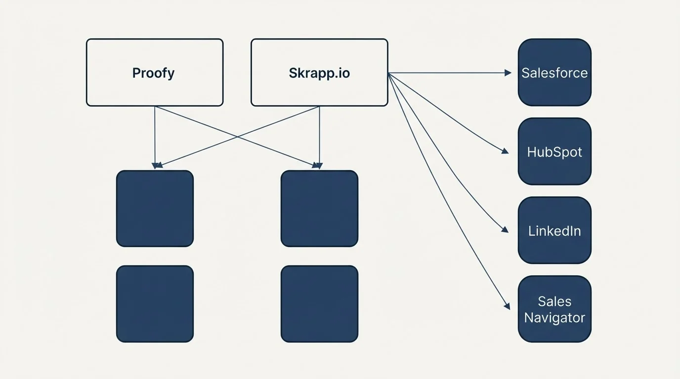 Integration grid: Integration Ecosystem (Proofy, Skrapp.io, Salesforce, HubSpot)