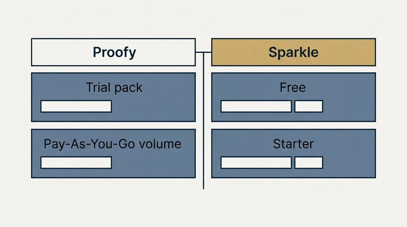 Pricing table: Pricing Comparison (Proofy, Sparkle, Trial pack, Free)