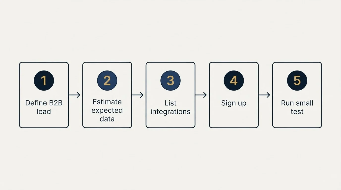 Step sequence: Getting Started Checklist (Define B2B lead, Estimate expected data, List integrations, Sign up)