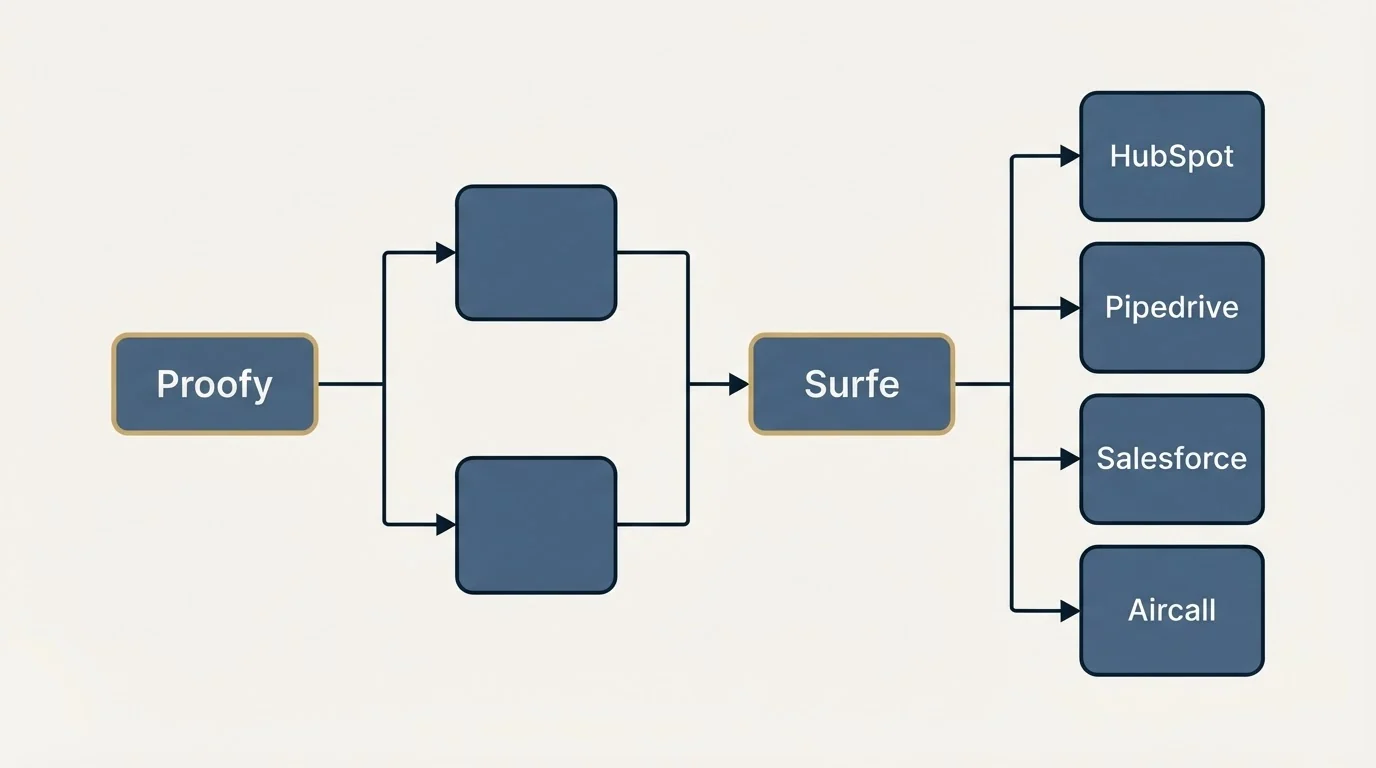 Integration flow: Integration Ecosystem (Proofy, Surfe, HubSpot, Pipedrive)