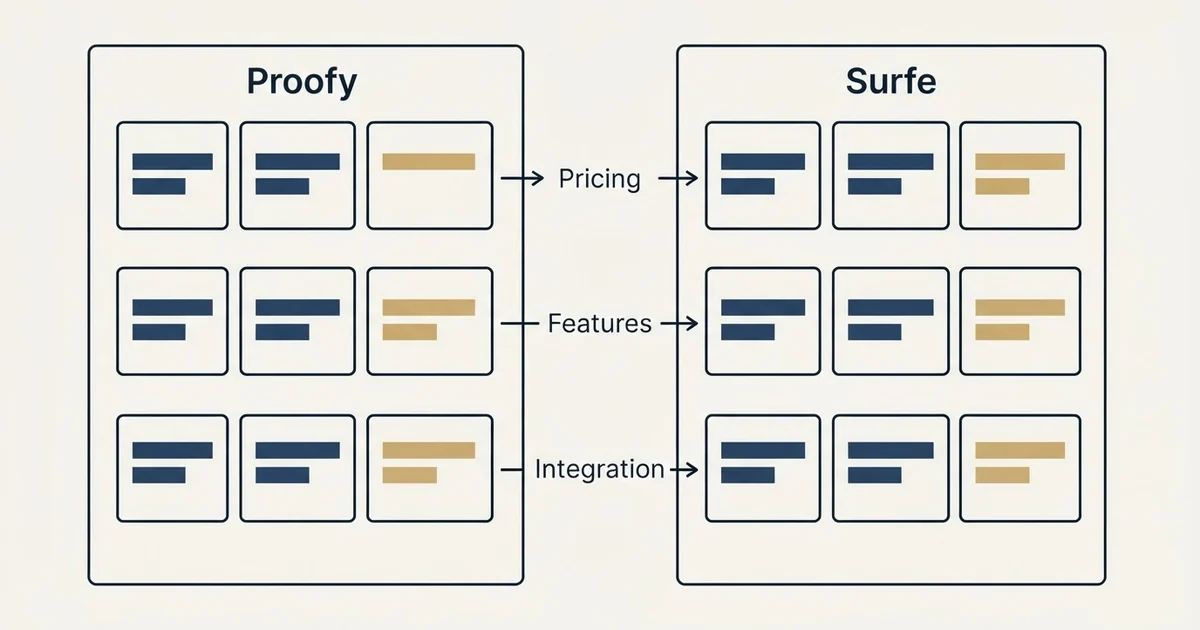 Comparison panel: Proofy vs Surfe (Pricing, Features, Integration)