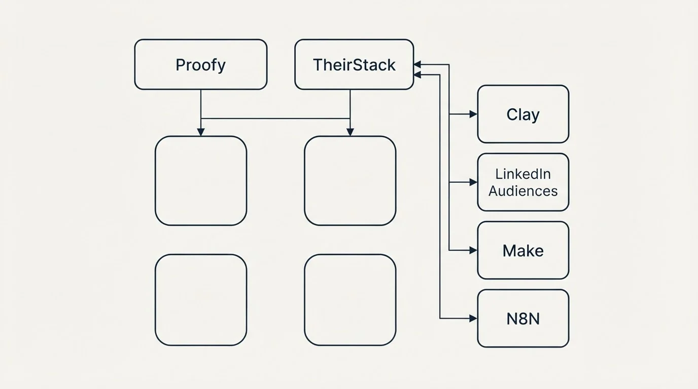 Integration grid: Integration Ecosystem (Proofy, TheirStack, Clay, LinkedIn Audiences)