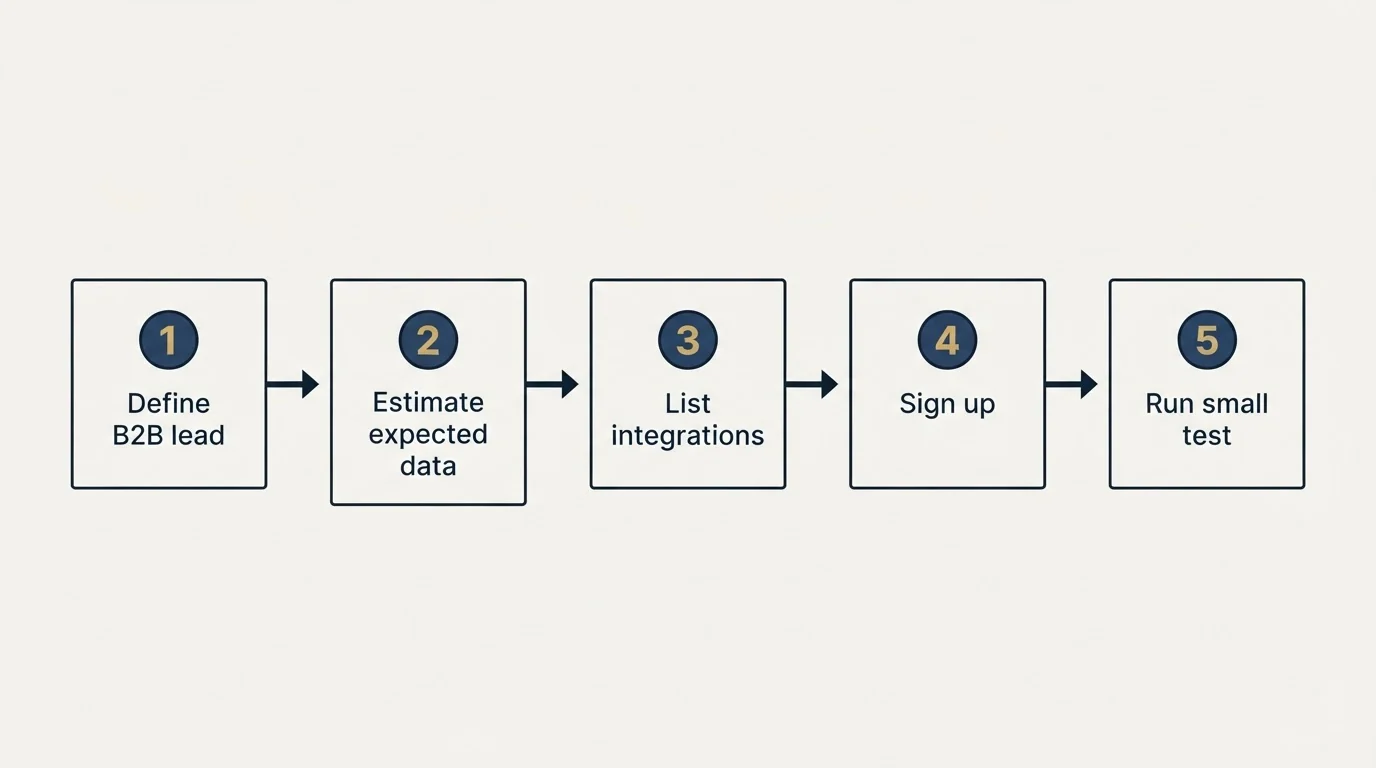 Step sequence: Getting Started Checklist (Define B2B lead, Estimate expected data, List integrations, Sign up)