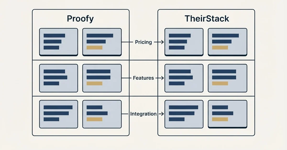 Comparison panel: Proofy vs TheirStack (Pricing, Features, Integration)