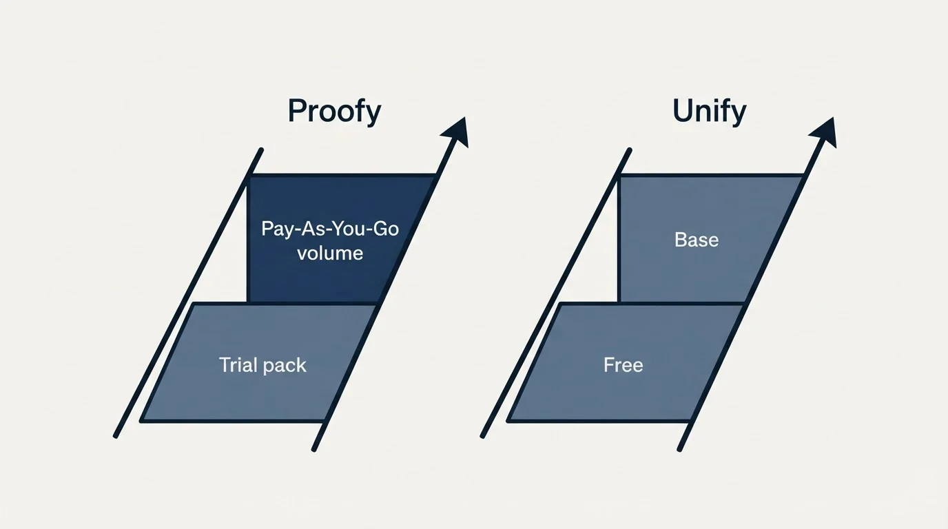 Pricing ladder: Pricing Comparison (Proofy, Unify, Trial pack, Free)