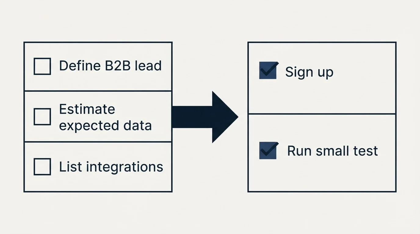 Before-and-after steps: Getting Started Checklist (Define B2B lead, Estimate expected data, List integrations, Sign up)