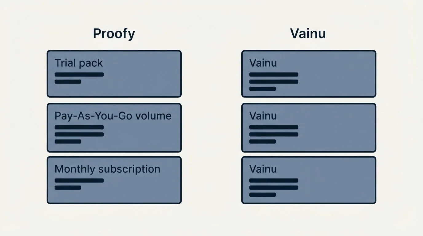 Pricing panels: Pricing Comparison (Proofy, Vainu, Trial pack, Pay-As-You-Go volume)