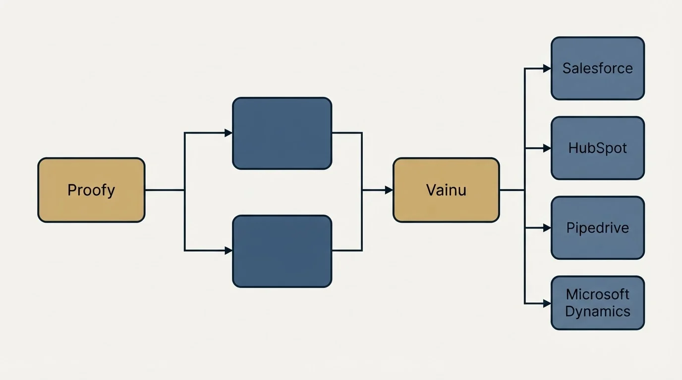 Integration flow: Integration Ecosystem (Proofy, Vainu, Salesforce, HubSpot)