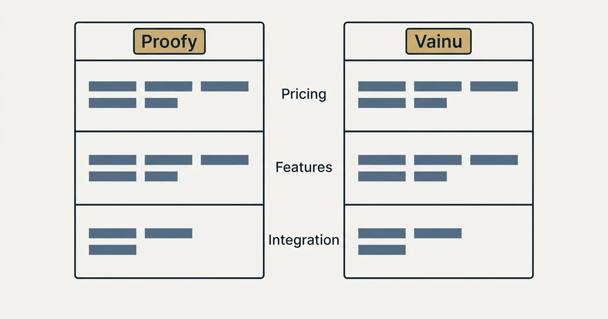 Comparison panel: Proofy vs Vainu (Pricing, Features, Integration)