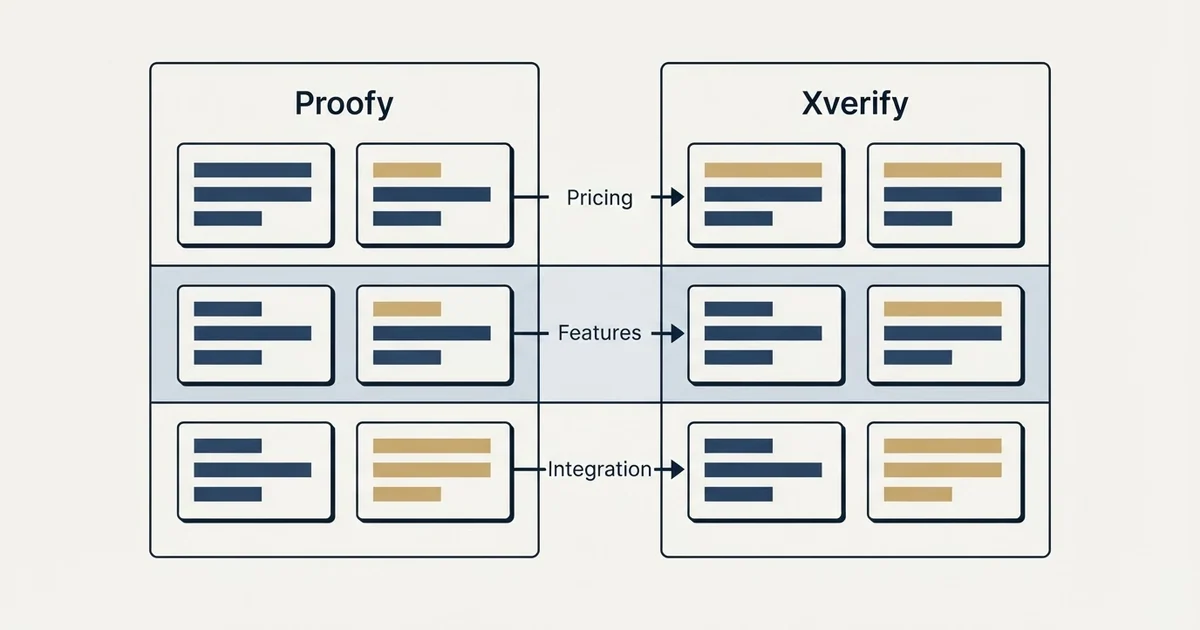 Comparison panel: Proofy vs Xverify (Pricing, Features, Integration)
