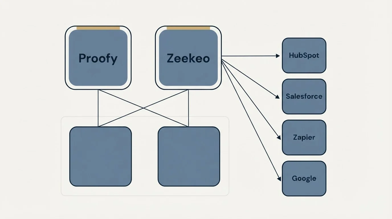 Integration grid: Integration Ecosystem (Proofy, Zeekeo, HubSpot, Salesforce)