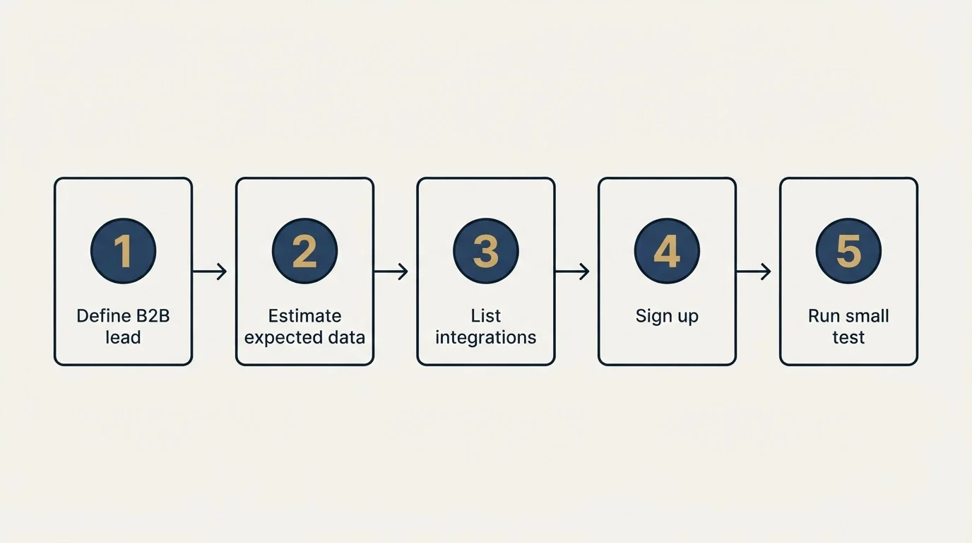 Step sequence: Getting Started Checklist (Define B2B lead, Estimate expected data, List integrations, Sign up)
