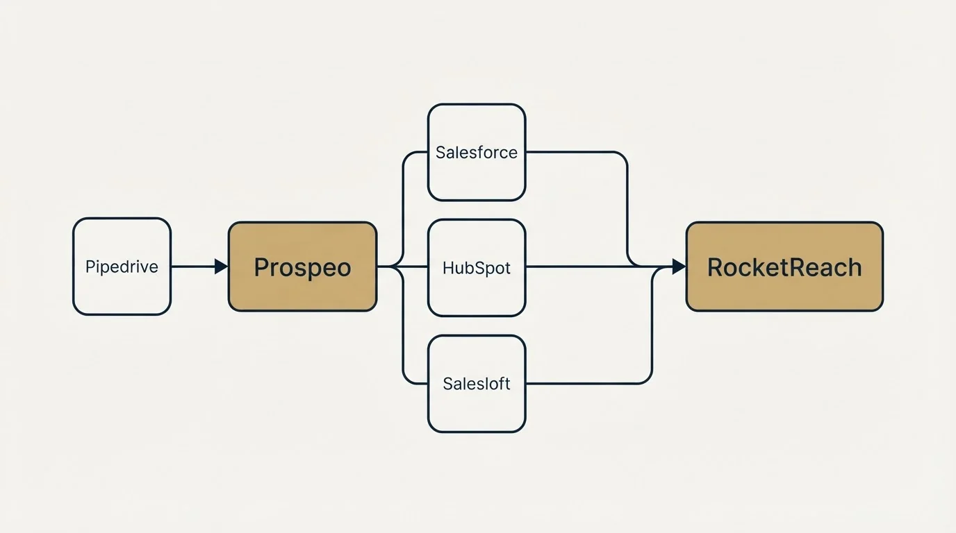 Integration schematic: Integration Ecosystem (Prospeo, RocketReach, Salesforce, HubSpot)