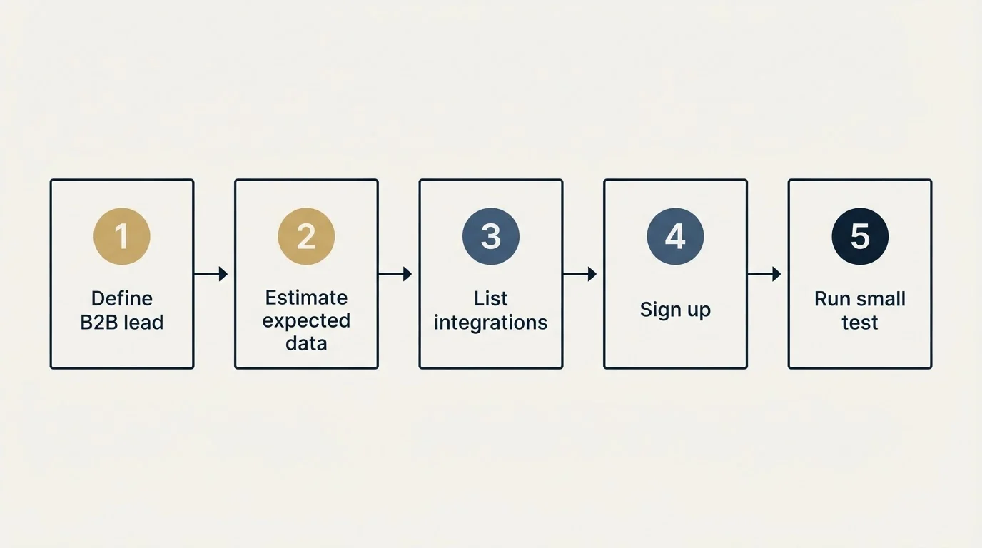 Step sequence: Getting Started Checklist (Define B2B lead, Estimate expected data, List integrations, Sign up)