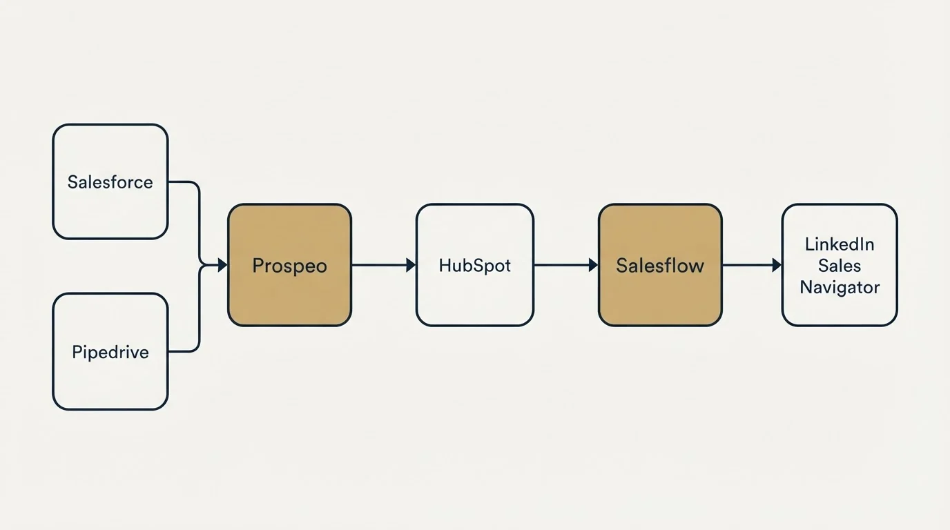 Integration schematic: Integration Ecosystem (Prospeo, Salesflow, HubSpot, Salesforce)