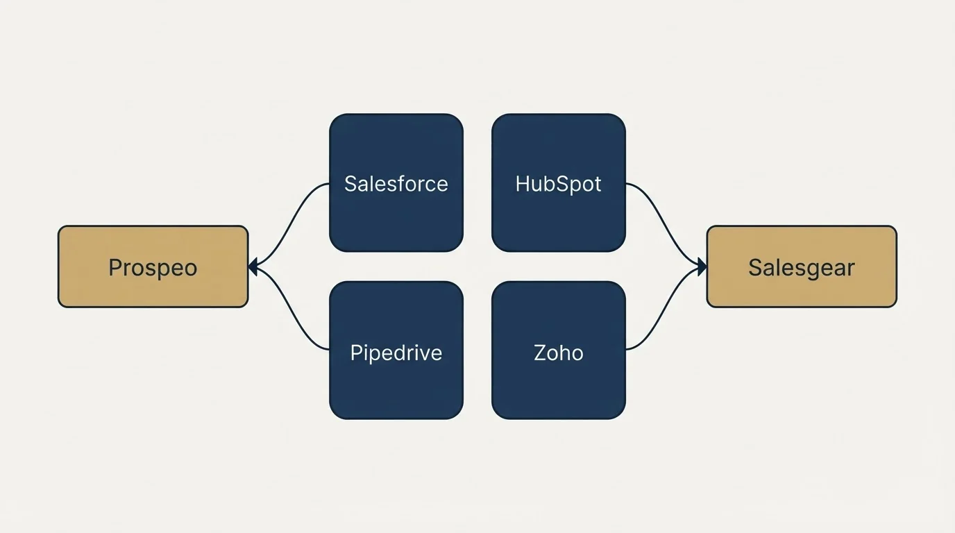 Integration schematic: Integration Ecosystem (Prospeo, Salesgear, Salesforce, HubSpot)