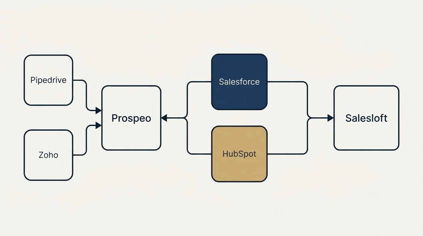 Integration schematic: Integration Ecosystem (Prospeo, Salesloft, Salesforce, HubSpot)