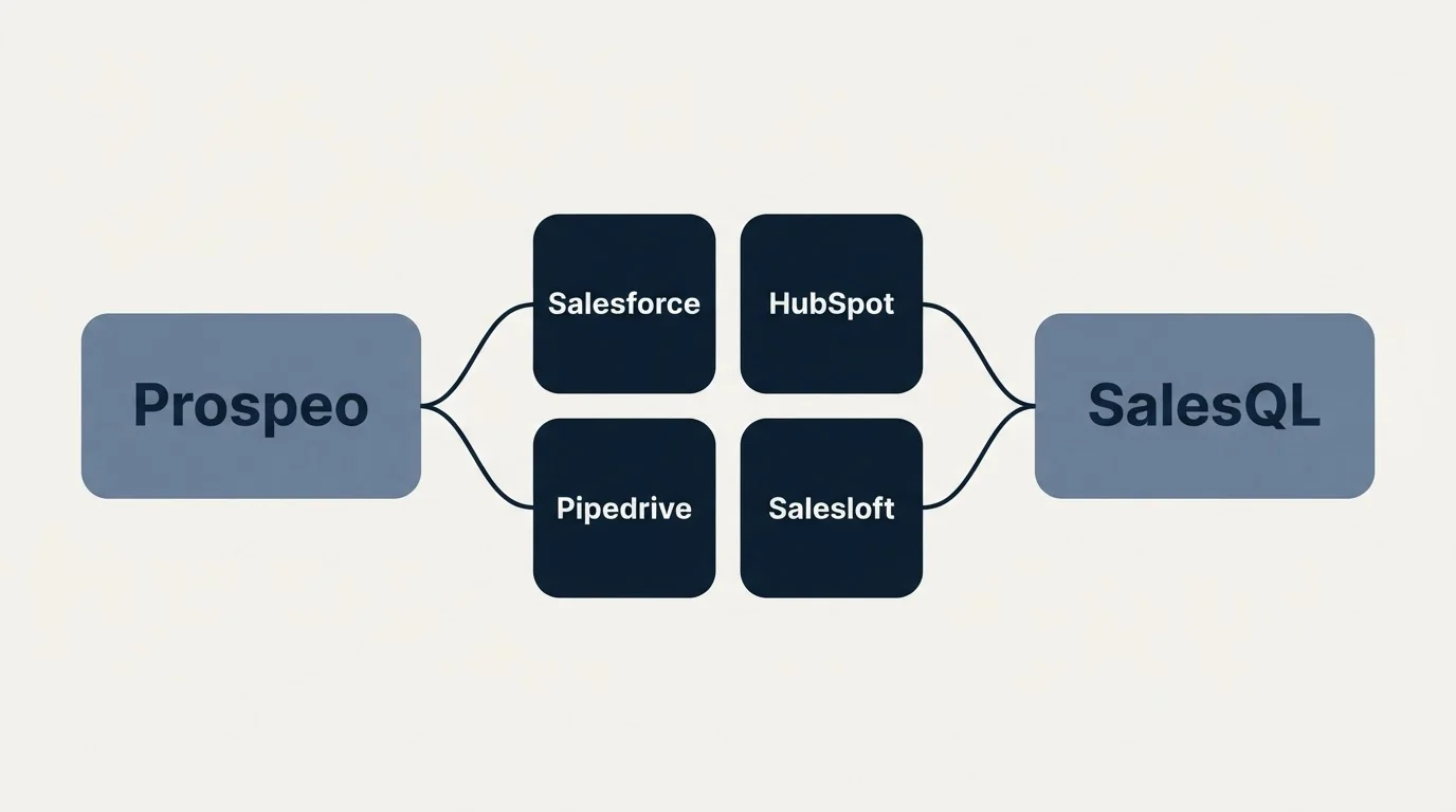 Integration schematic: Integration Ecosystem (Prospeo, SalesQL, Salesforce, HubSpot)