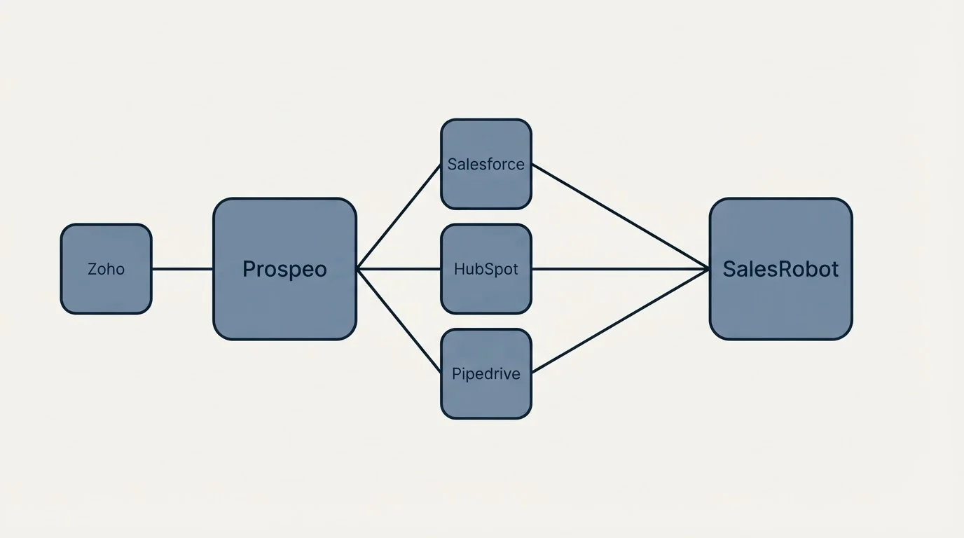 Integration schematic: Integration Ecosystem (Prospeo, SalesRobot, Salesforce, HubSpot)