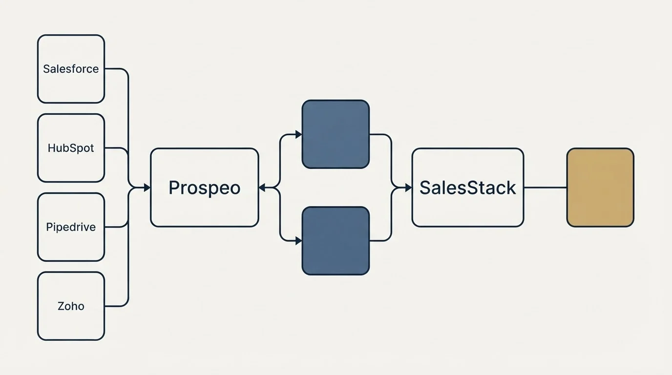 Integration schematic: Integration Ecosystem (Prospeo, SalesStack, Salesforce, HubSpot)