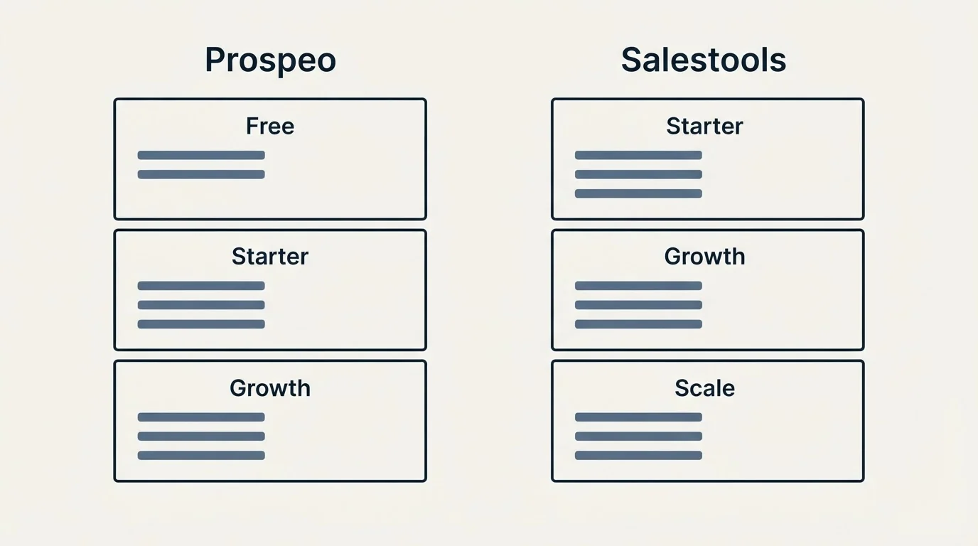 Pricing panels: Pricing Comparison (Prospeo, Salestools, Free, Starter)