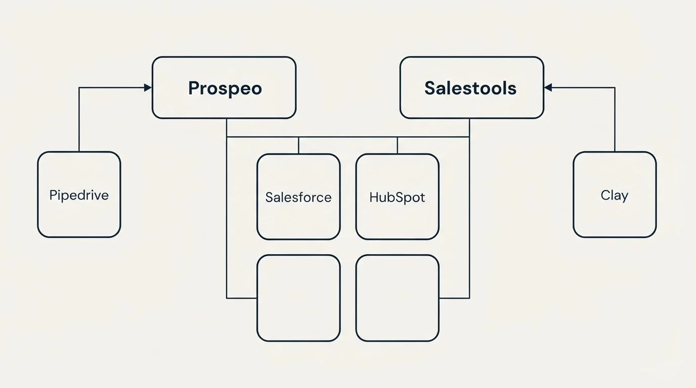 Integration grid: Integration Ecosystem (Prospeo, Salestools, Salesforce, HubSpot)