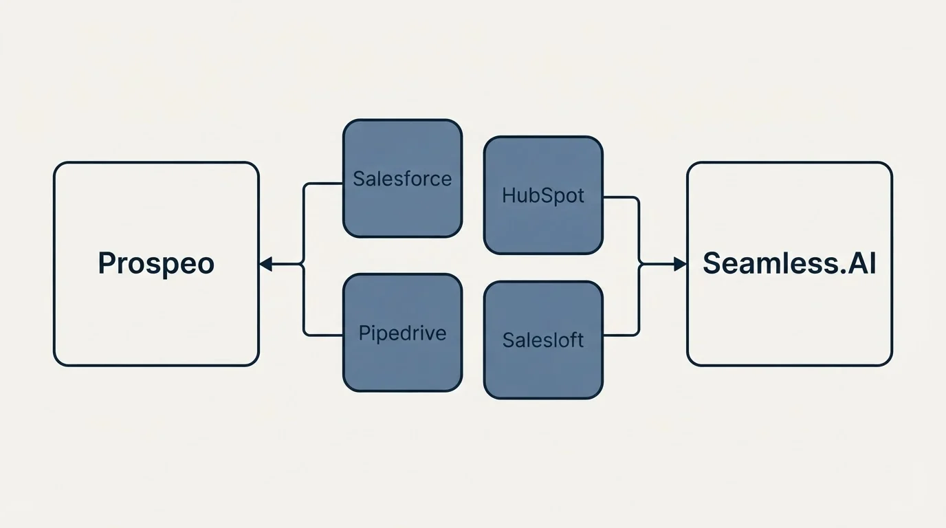 Integration schematic: Integration Ecosystem (Prospeo, Seamless.AI, Salesforce, HubSpot)
