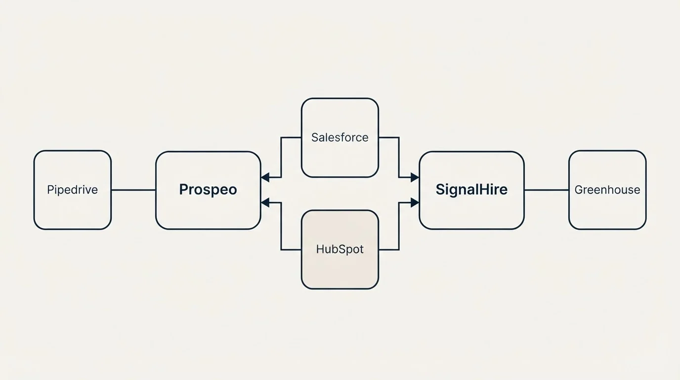 Integration flow: Integration Ecosystem (Prospeo, SignalHire, Salesforce, HubSpot)