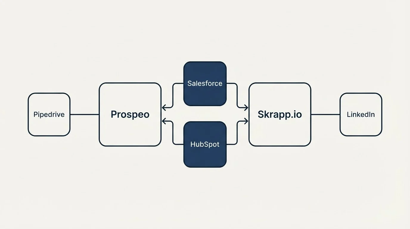 Integration flow: Integration Ecosystem (Prospeo, Skrapp.io, Salesforce, HubSpot)