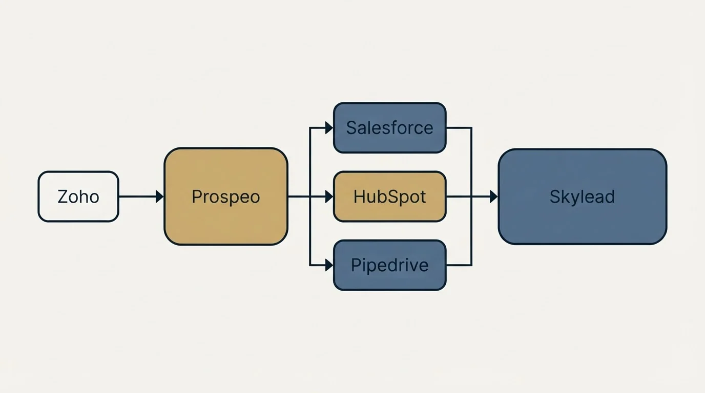 Integration flow: Integration Ecosystem (Prospeo, Skylead, Salesforce, HubSpot)