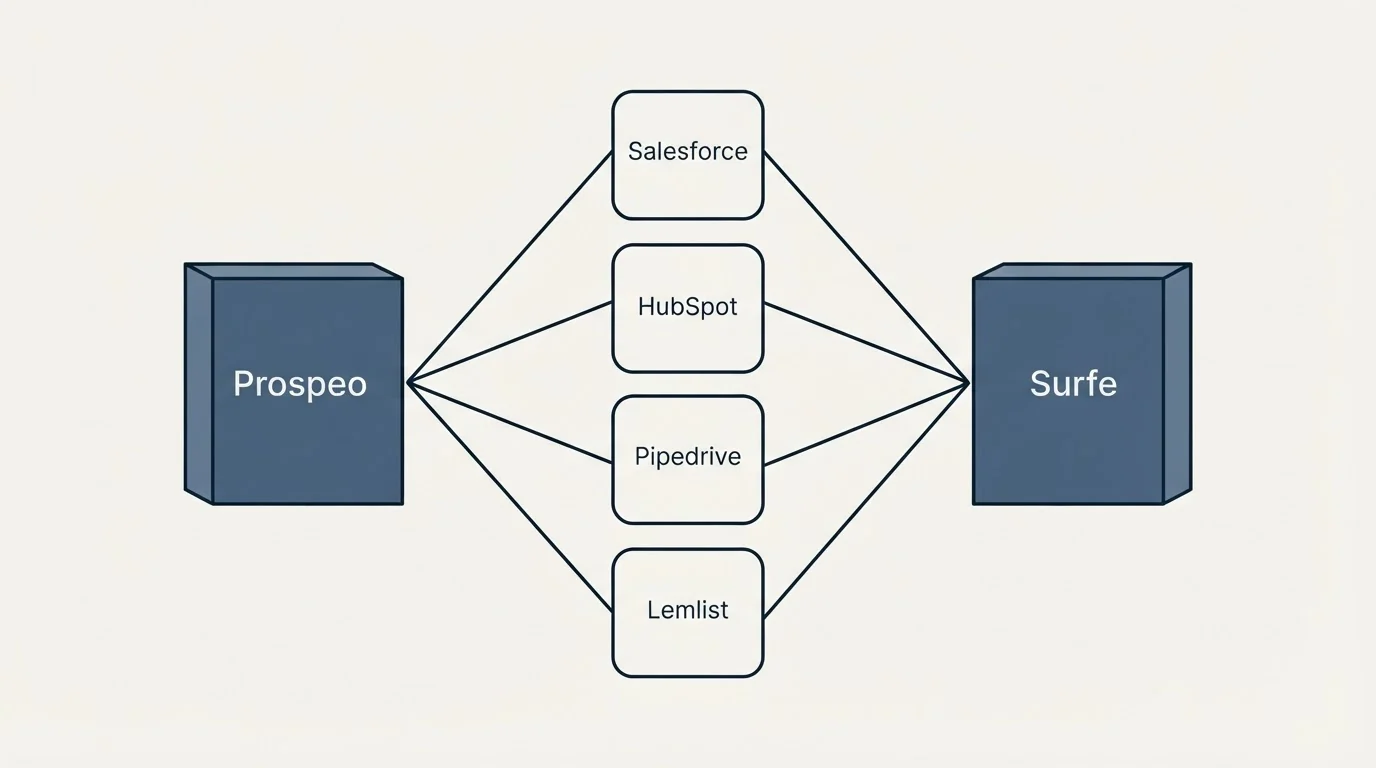 Integration flow: Integration Ecosystem (Prospeo, Surfe, Salesforce, HubSpot)