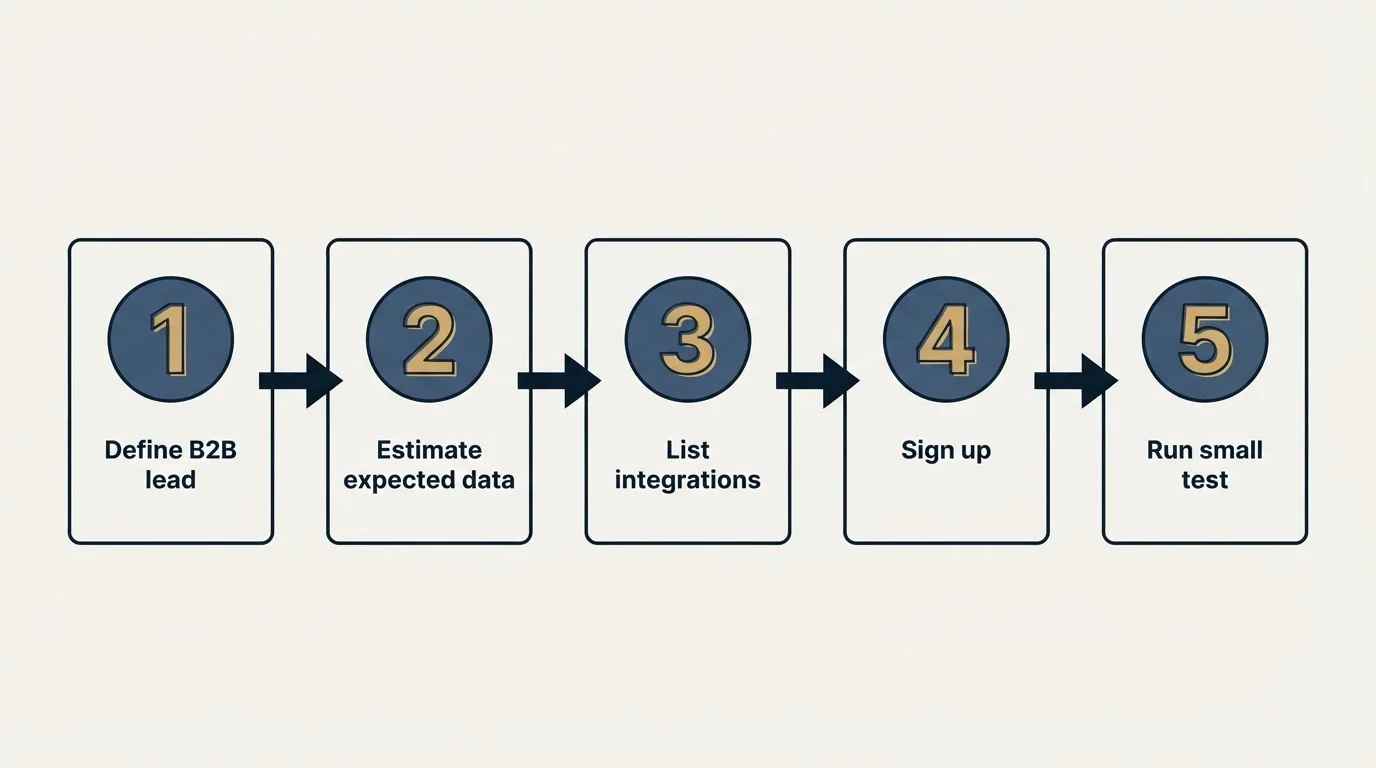 Step sequence: Getting Started Checklist (Define B2B lead, Estimate expected data, List integrations, Sign up)