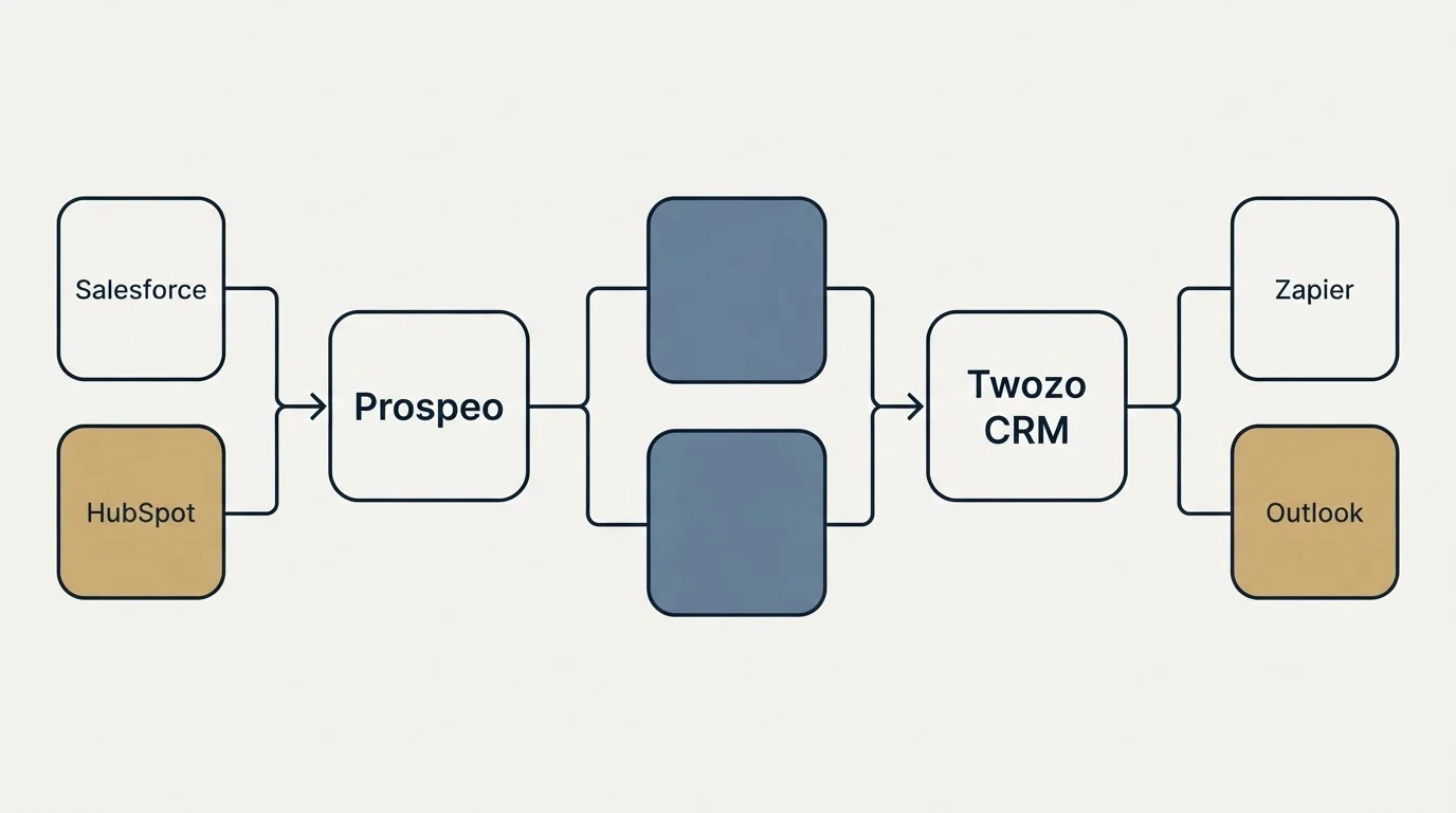 Integration schematic: Integration Ecosystem (Prospeo, Twozo CRM, Salesforce, Zapier)