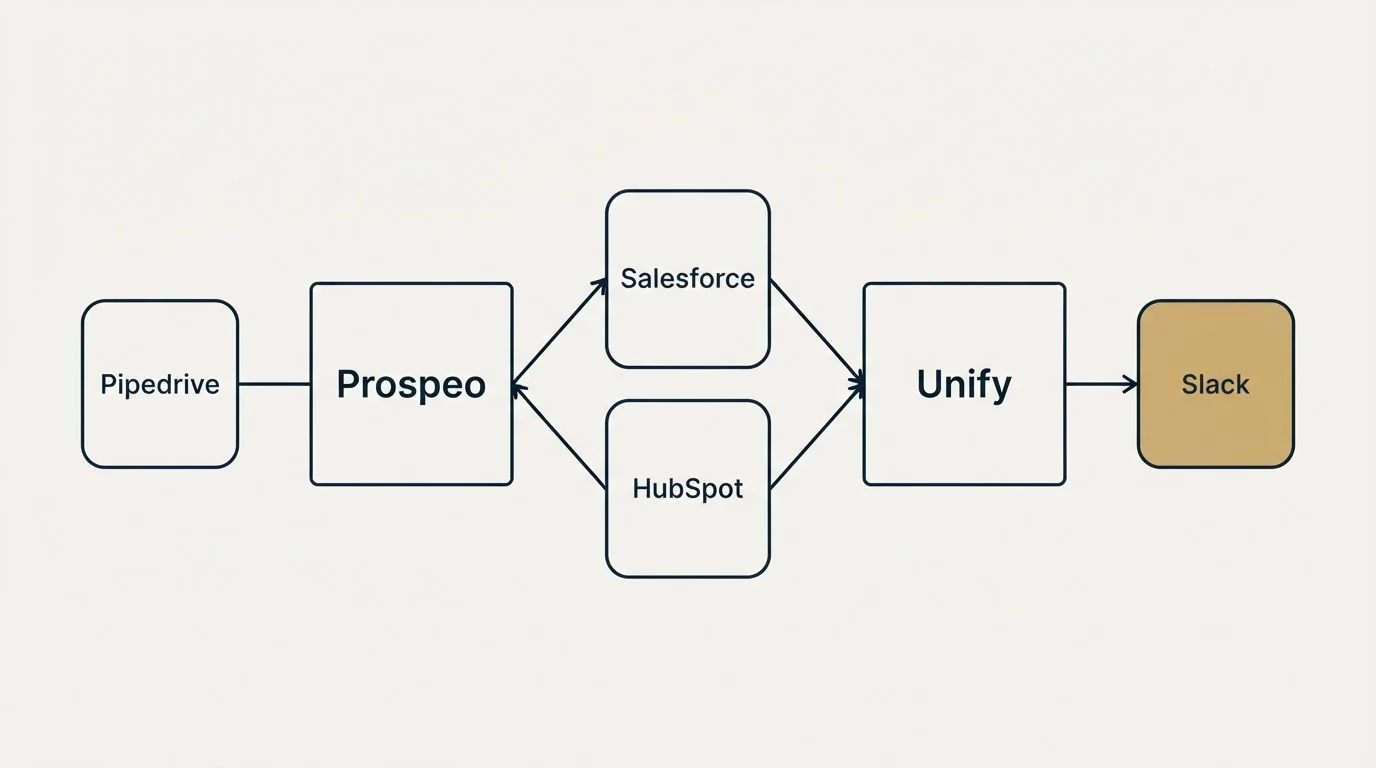 Integration schematic: Integration Ecosystem (Prospeo, Unify, Salesforce, HubSpot)