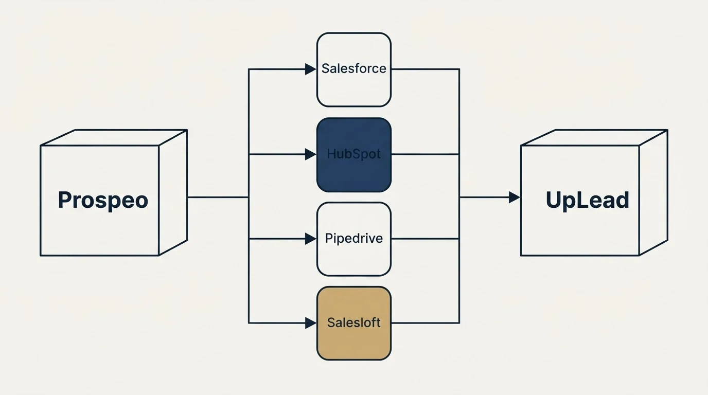 Integration flow: Integration Ecosystem (Prospeo, UpLead, Salesforce, HubSpot)