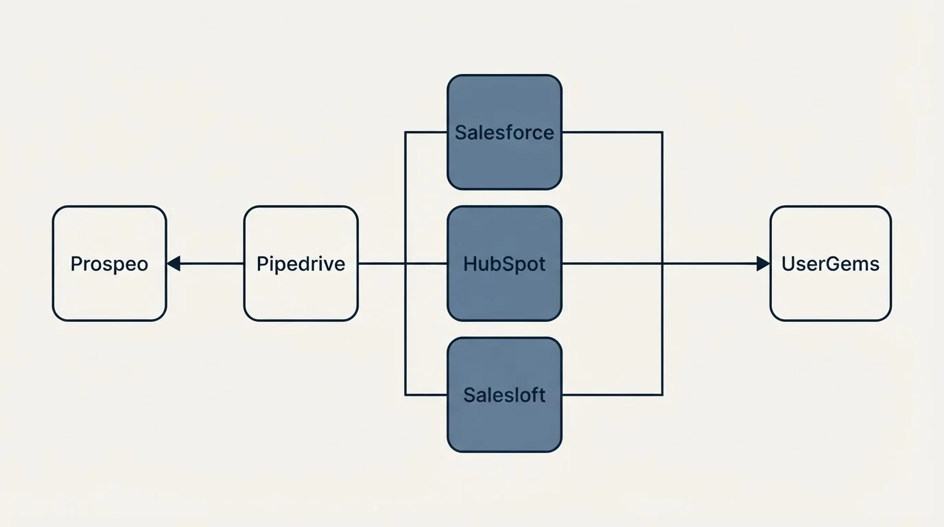 Integration flow: Integration Ecosystem (Prospeo, UserGems, Salesforce, HubSpot)