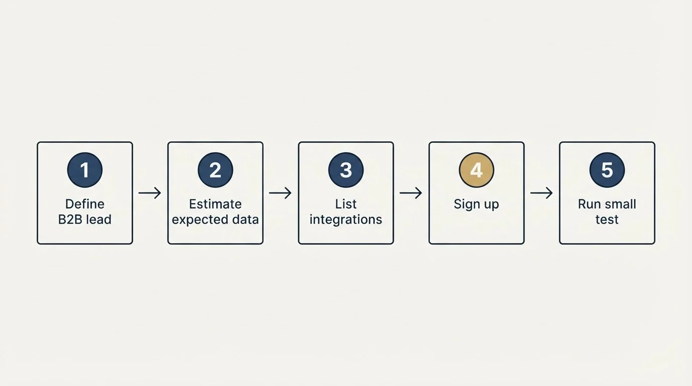 Step sequence: Getting Started Checklist (Define B2B lead, Estimate expected data, List integrations, Sign up)