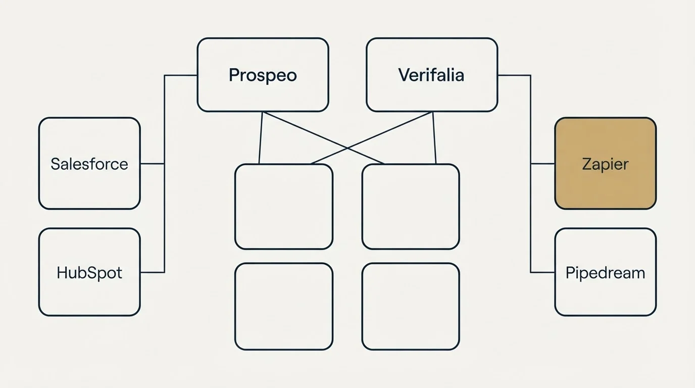 Integration grid: Integration Ecosystem (Prospeo, Verifalia, Salesforce, Zapier)